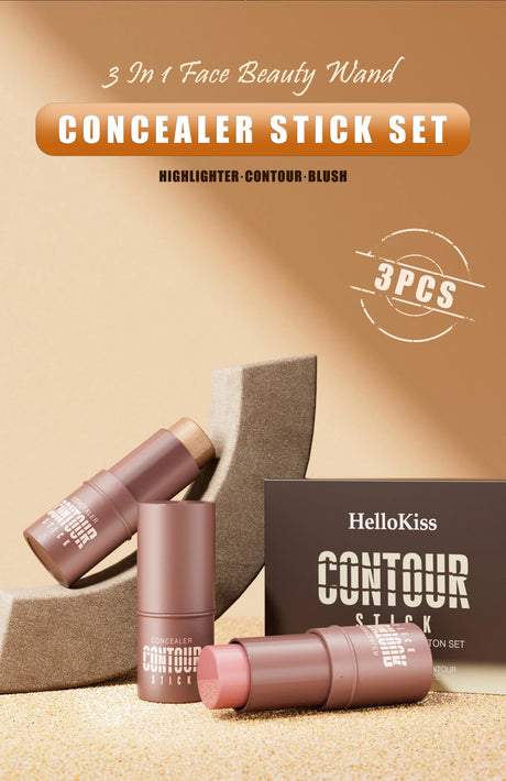 4-Piece Contour Stick Set with Highlighter, Blush & Bronzer Plus Golden Powder Brush - Waterproof Cream for All Tones, Shimmery.