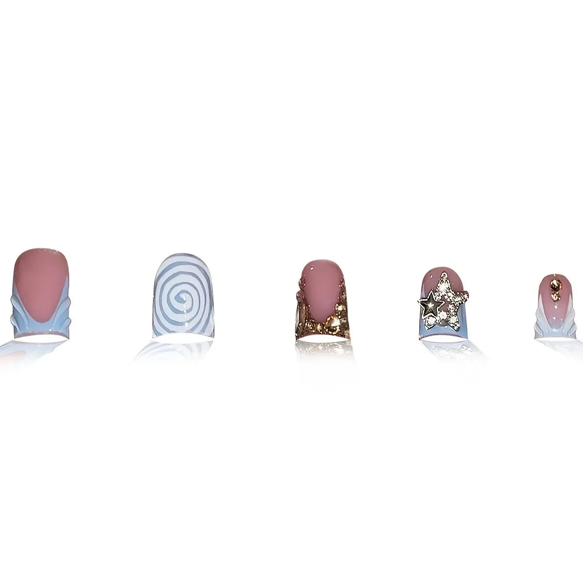 24pcs Short Duckbill False Nails Wearable Blue French Fake Nails Star Flash Rhinestones Decor Gradient Y2k Nails Press on 2030