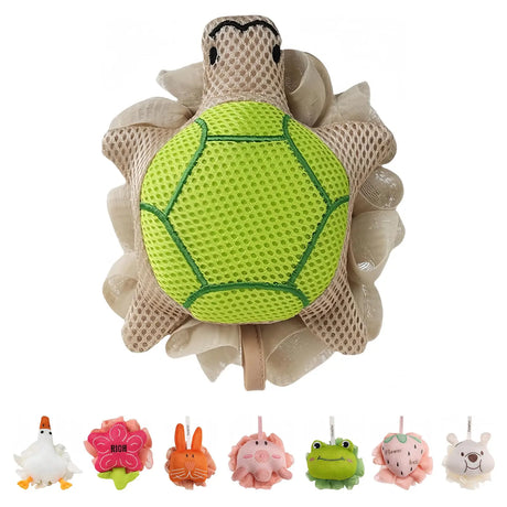 Kids Loofah, Cute Cartoon Animal Kids Bath Sponge with Hanging Rope, Soft Double Mesh for Rich Lather