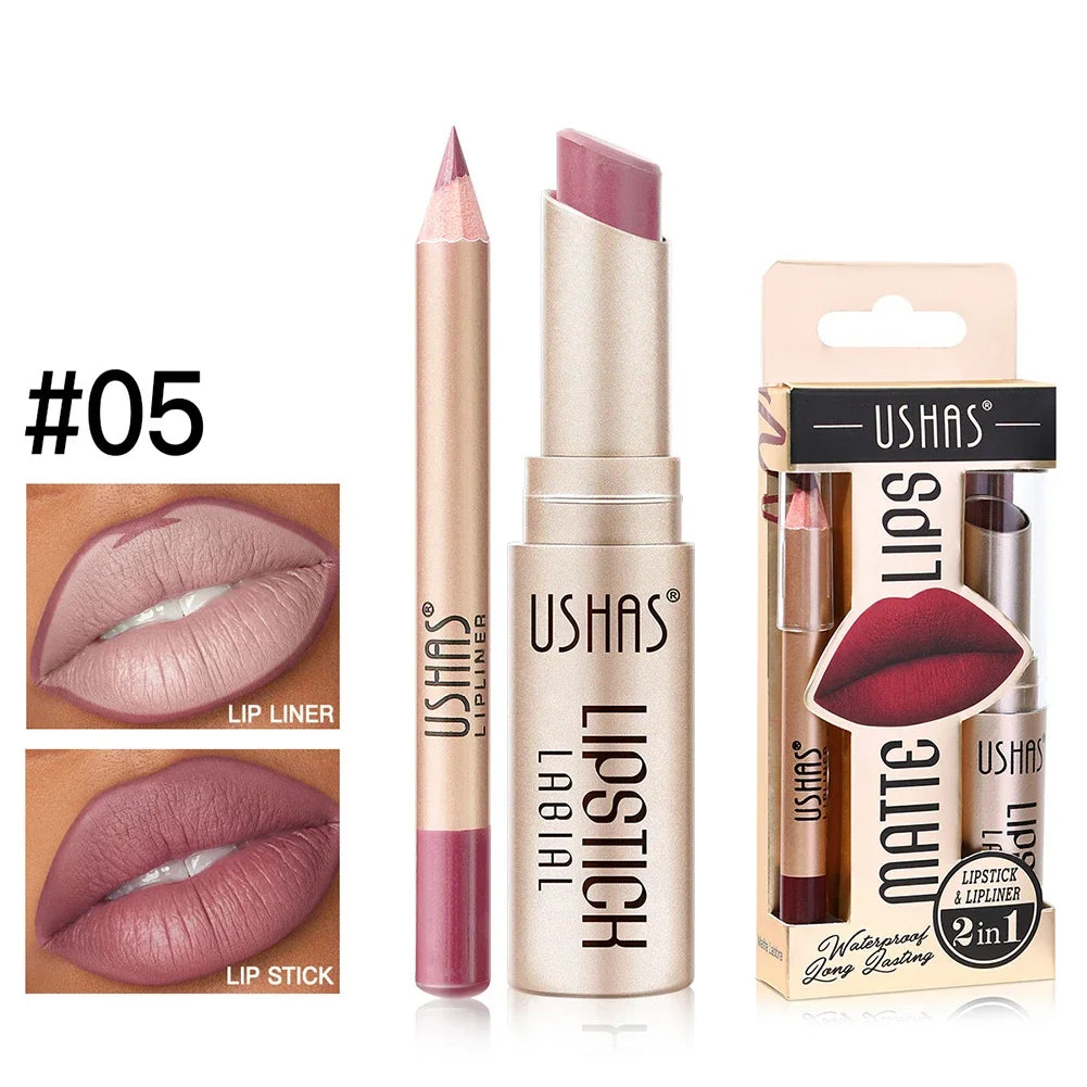 2-in-1 Lip Makeup Set, Matte Lipstick & Lip Liner Pencil, Nude Brown, Waterproof Long Lasting Tinted Lip Balm Contour Kit