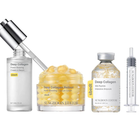 Korean Deep Collagen Skin Care Set - Silk Peptide Ampoule,Power Boosting Cream In Serum Retinol Capsule Brightening Moisturizing
