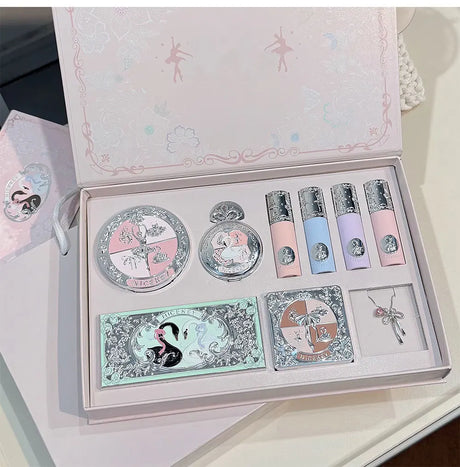 NICEKEY Pink Ballet Makeup Sets Include 4 Lip Mud,1 Blush,1 Pressed Powder,1 Eyes Palette,1 Contour Palette With Necklace Gift