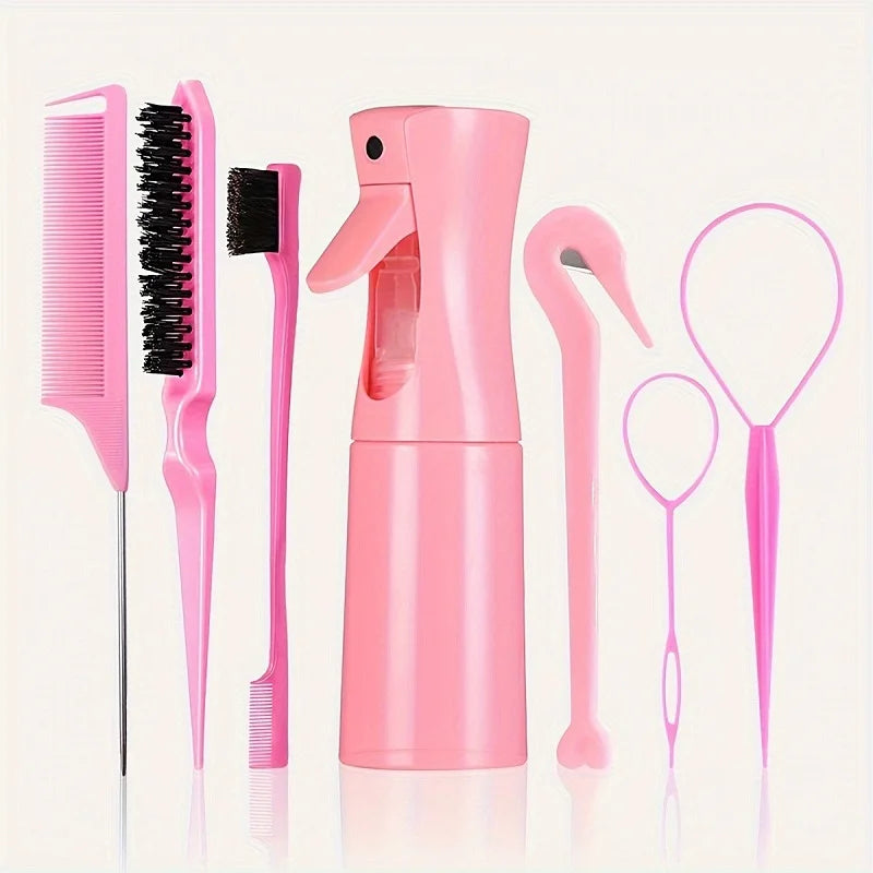 7pcs Hairdressing Tool Set Bristle Rat Tail Edge Comb Eyebrow Brush with Braiders Ponytail Creator Water Sprayer Styling Set
