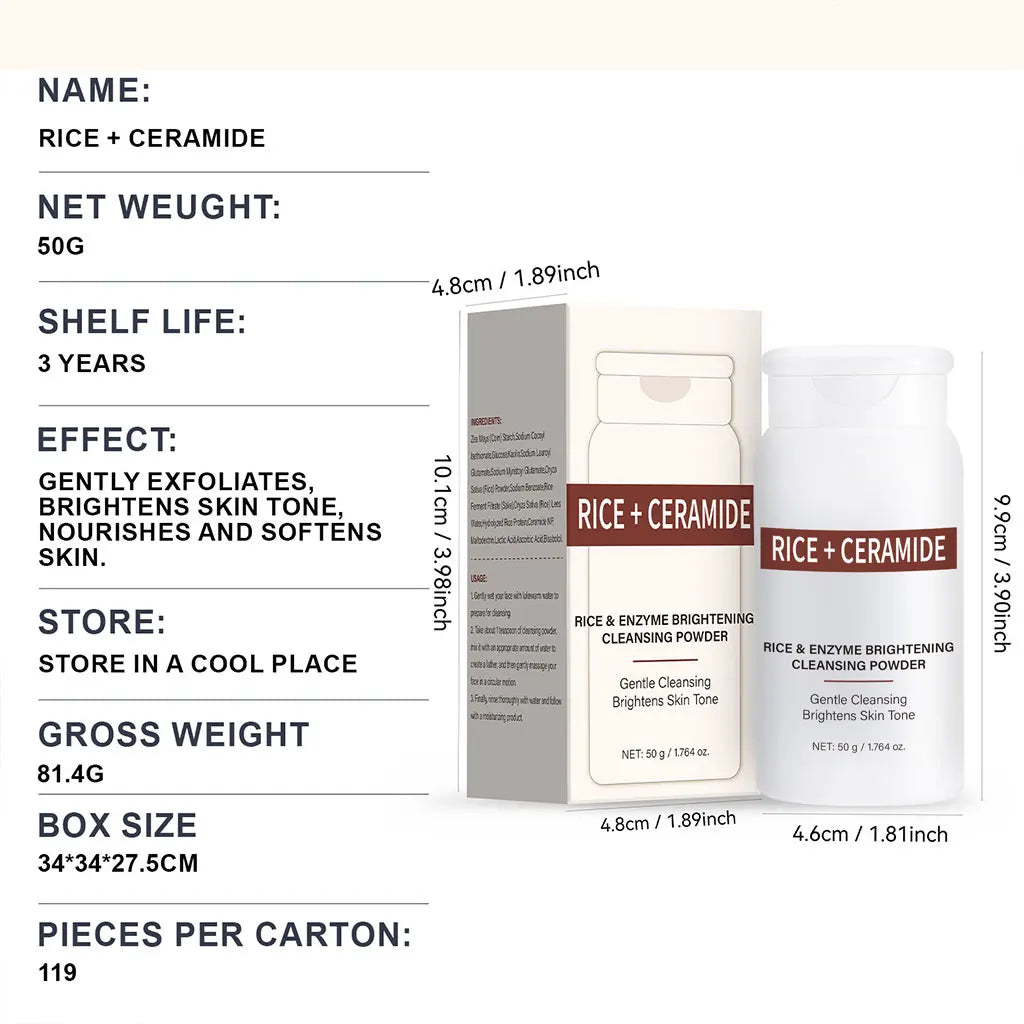 Rice Enzyme Brightening Cleansing Powder, Exfoliating Powder to Foam Cleanser, Smooth Texture,Hydrating & Gentle Skin Care 50g