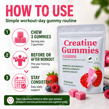 Berry Flavor Sugar Free Creatine Gummies Daily Health Nutrition & Lean Muscle Support，Gluten Free & Non GMO 36 Pieces Per Bag