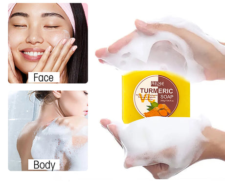 AILKE Natural Turmeric Soap Bar, Brighten, Remove Darkness, Acne, Pimples, Cleaning, Exfoliates, Uneven Skin Tone, 200g