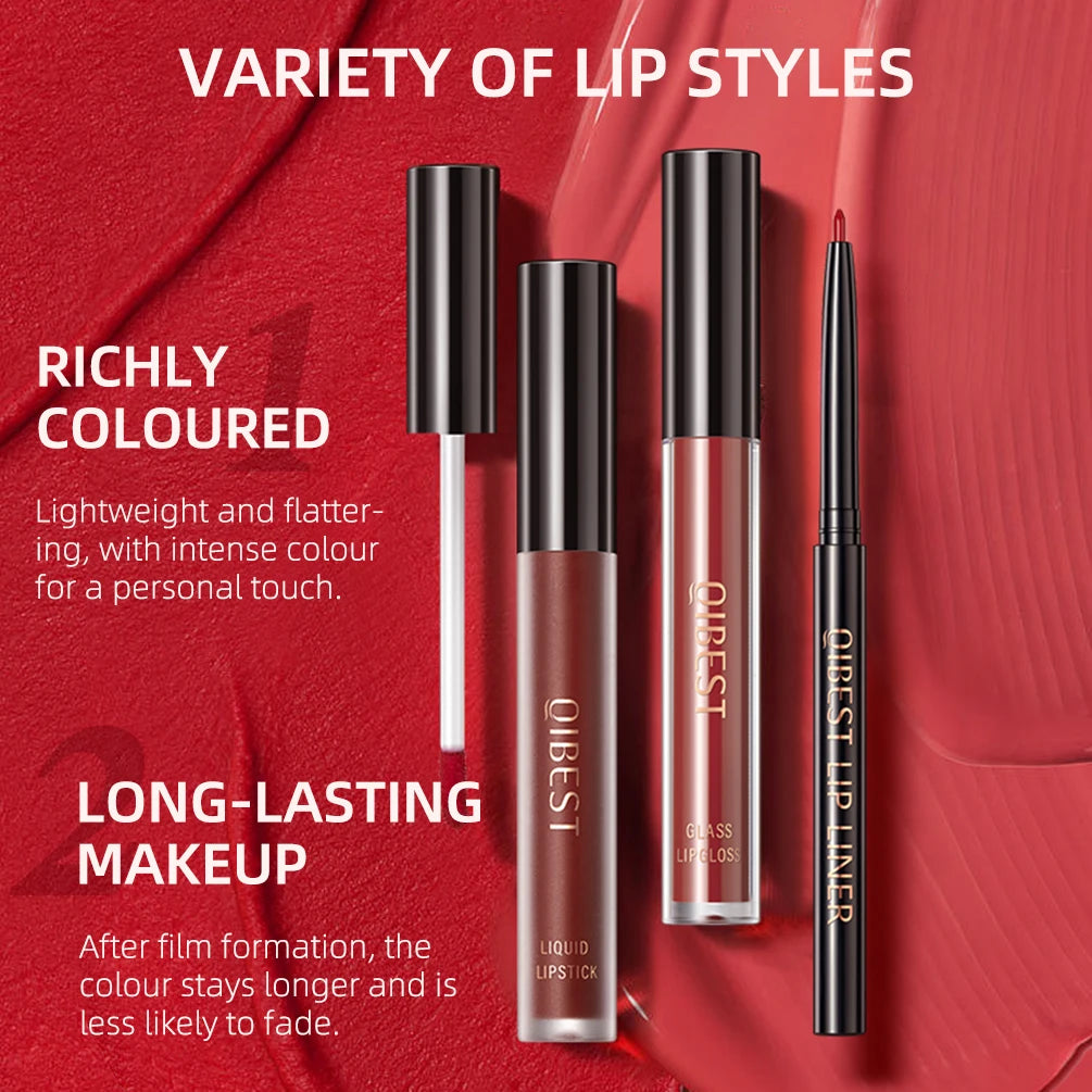 QIBEST 3pcs/set Liquid Lipstick+Lip Liner Lasting Black Brown Purple Red Matte Lip Gloss Nude Lip Stain Tint Makeup Lip Pencil