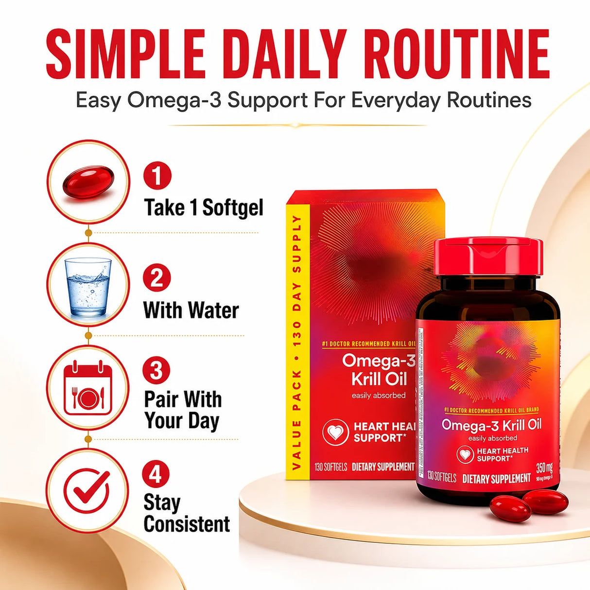 Omega-3 Krill Oil 350mg Softgels 130 Count, EPA DHA with Phospholipids & Astaxanthin, Daily Wellness Support for Men & Women
