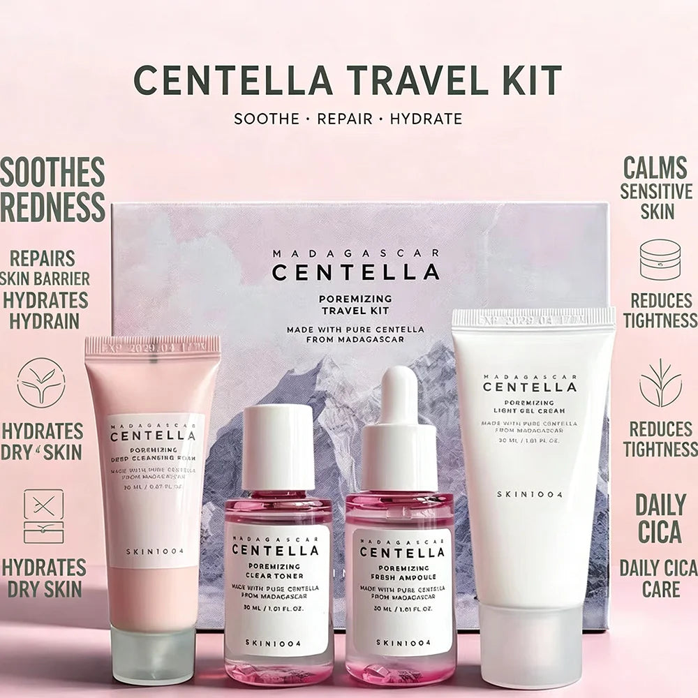 SKIN1004 Madagascar Centella Travel Kit, Mini Soothing Repair Hydrating Skincare Set For Sensitive Dry Skin Daily Travel Gift