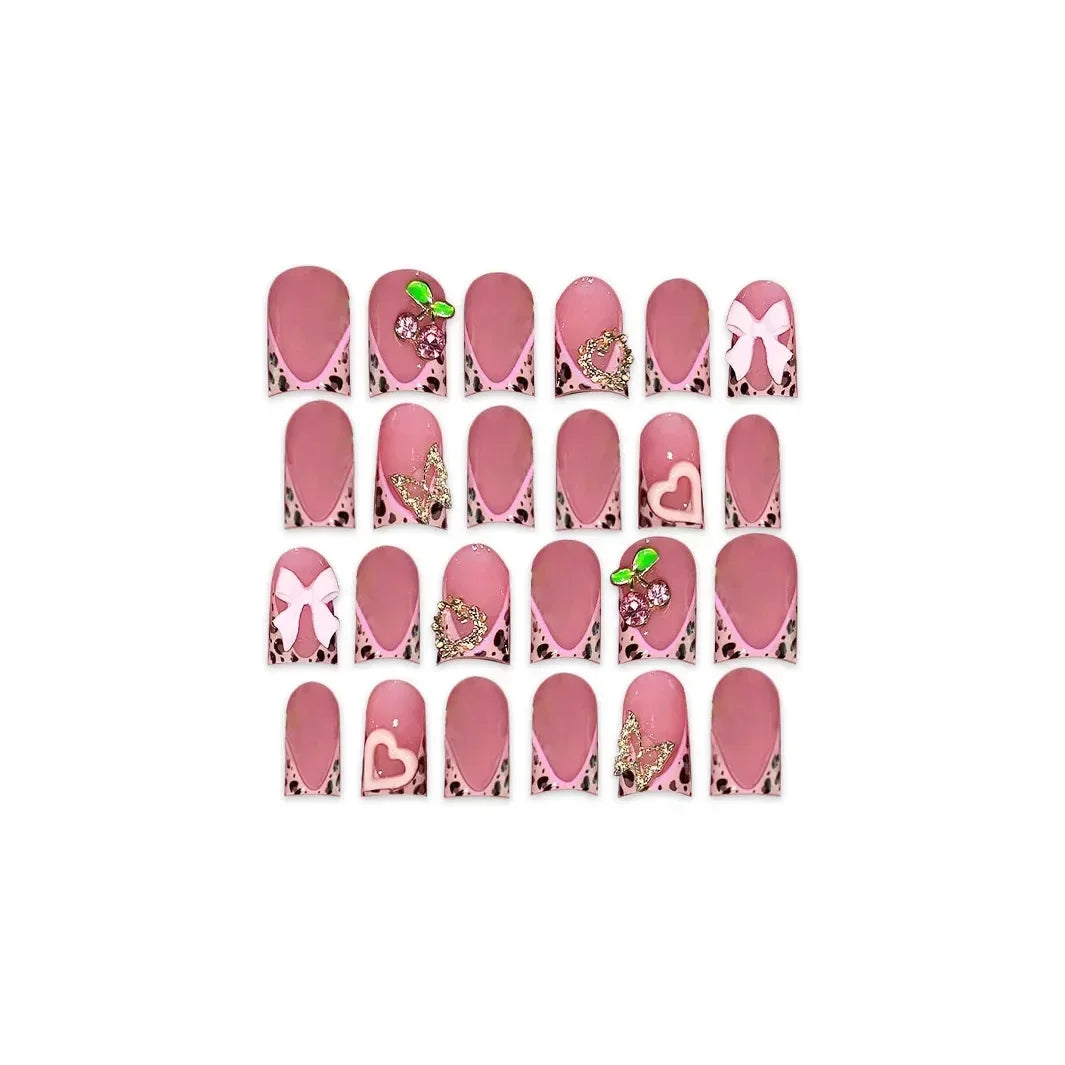 24pcs Nude Pink Sweet Fake Nails Short Duckbill Leopard Print French False Nails With 3D Bowknots Butterfly Cherry Press On Nail