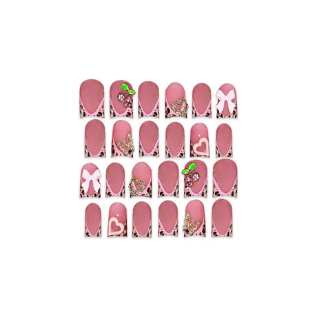 24pcs Nude Pink Sweet Fake Nails Short Duckbill Leopard Print French False Nails With 3D Bowknots Butterfly Cherry Press On Nail