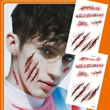 5/10pcs Halloween Scar Temporary Tattoo Stickers Red Blood Clot Face Tattoo Waterproof Cosplay Gifts For Men Women Party Decor