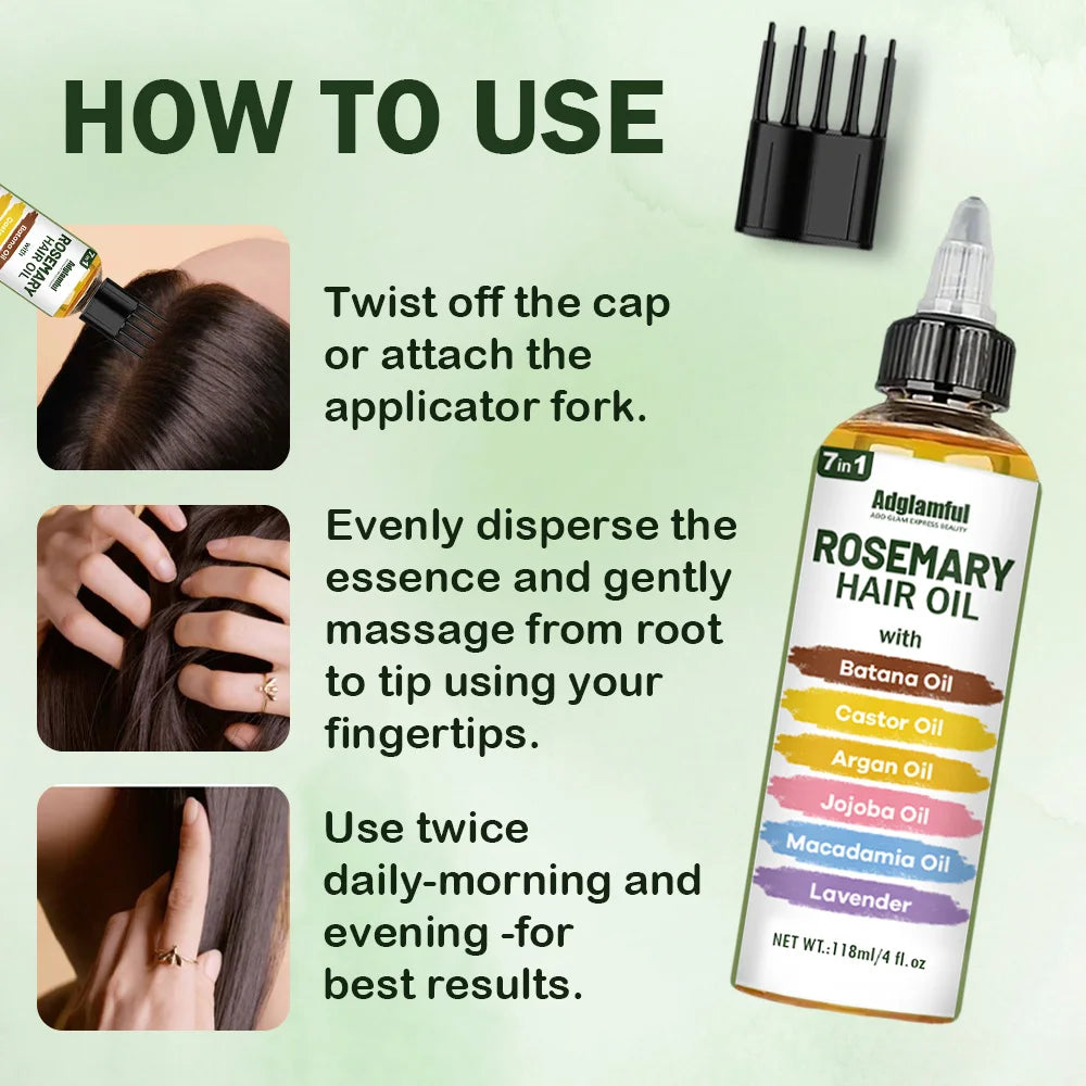Adglamful 7-in-1 Rosemary Hair Oil 118ml – No-Rinse Hair Oil+Comb Set, Instantly Smooths Frizz, Repairs Damage