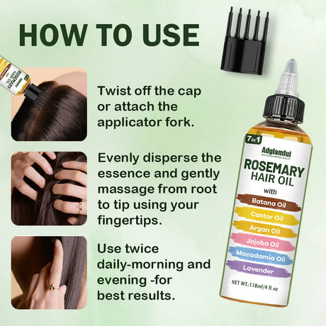 Adglamful 7-in-1 Rosemary Hair Oil 118ml – No-Rinse Hair Oil+Comb Set, Instantly Smooths Frizz, Repairs Damage