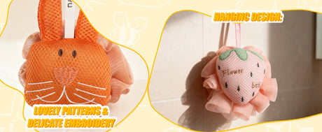 Kids Loofah, Cute Cartoon Animal Kids Bath Sponge with Hanging Rope, Soft Double Mesh for Rich Lather