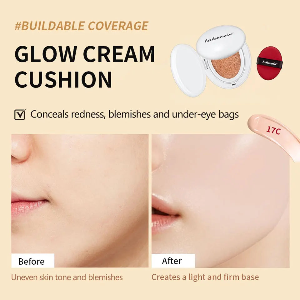 Dewy Glow Cream Cushion Foundation Hydrating 24H Long Lasting Moisturizer Natural Light Coverage Radiant Skin Finish Daily Portable Face Makeup Cosmetic