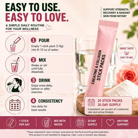 Creatine & Collagen Powder Stick Packs Supports Strength Recovery & Skin Health – Daily Nutrition Supplement  20Servings Per Bag