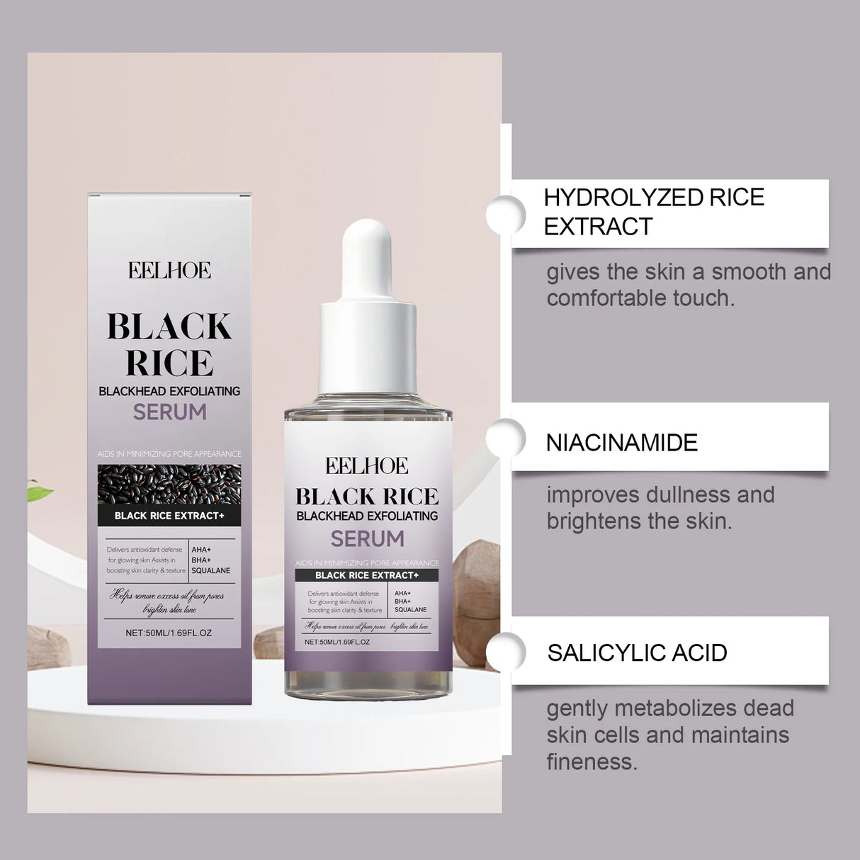 Black & White Rice Exfoliating Serum Set BHA Niacinamide Pore Minimizing & Brightening Blackhead Whitehead Remover Skincare Set