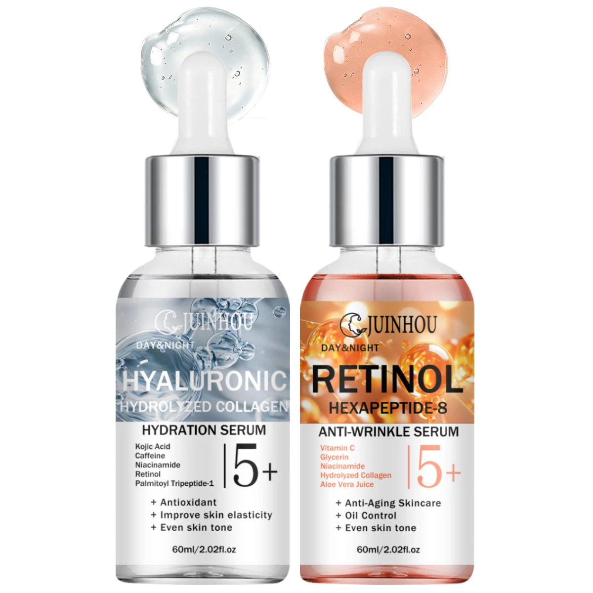 JUINHOU Dual Phase Face Serum Kit Hyaluronic Acid Day Care Retinol Night Care Hydrate Anti Wrinkle Texture Daily Face Skin Serum