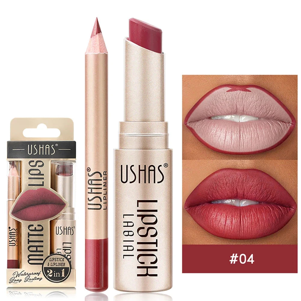2-in-1 Lip Makeup Set, Matte Lipstick & Lip Liner Pencil, Nude Brown, Waterproof Long Lasting Tinted Lip Balm Contour Kit