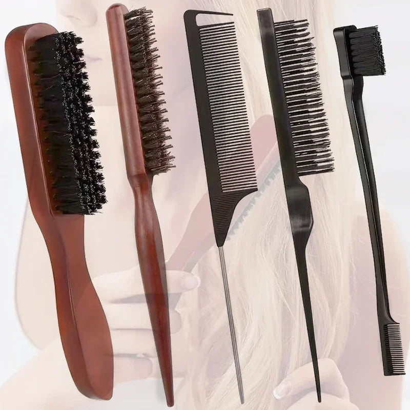 Hair Styling Comb & Brush Set, Boar Bristle Teasing Brushes & Tail Combs, Edge Control Styling Tools，Nylon Bristles, ABS Handle