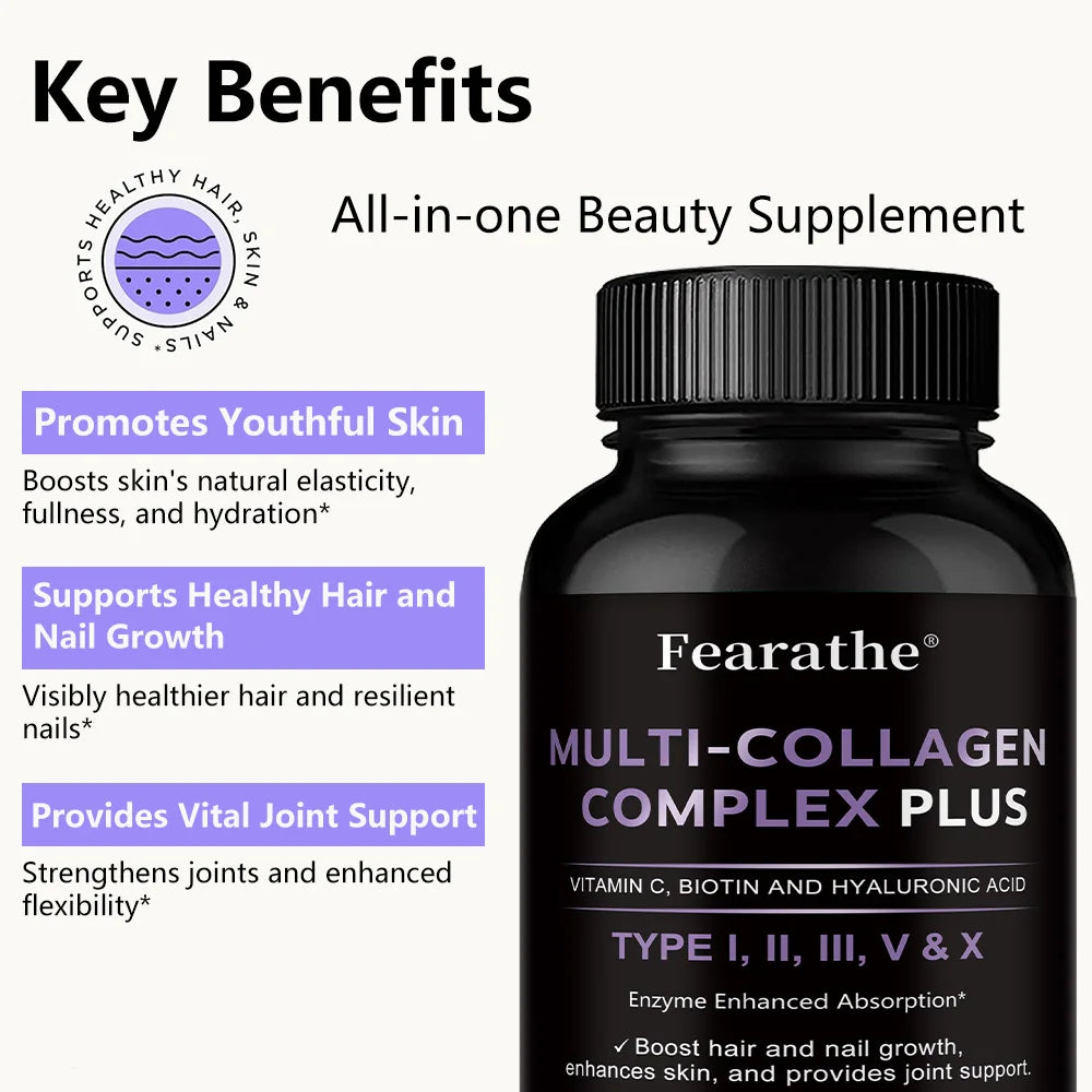 Multi Collagen Capsules, Type I/II/III/V/X Collagen, Biotin & Hyaluronic Acid, Support Skin Hair Nail Joint & Overall Wellness