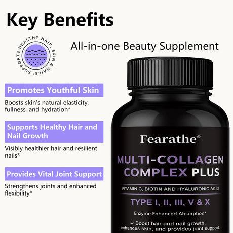 Multi Collagen Capsules, Type I/II/III/V/X Collagen, Biotin & Hyaluronic Acid, Support Skin Hair Nail Joint & Overall Wellness