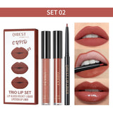 QIBEST 3pcs/set Liquid Lipstick+Lip Liner Lasting Black Brown Purple Red Matte Lip Gloss Nude Lip Stain Tint Makeup Lip Pencil