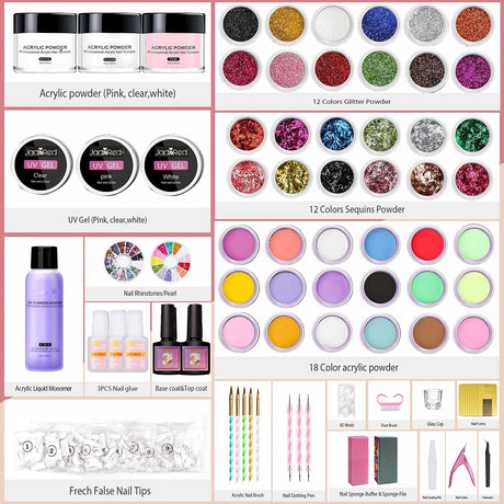 All-In-1 Acrylic Nail Kit Acrylic Nail Set Professional Colored Acrylic Nail Powder Nail Starter Kit Decoration Tools With Everything For Beginners Full Acrylic Nail Supplies Complete Acrylic Nail Kits Monomer Gel Nail Polish