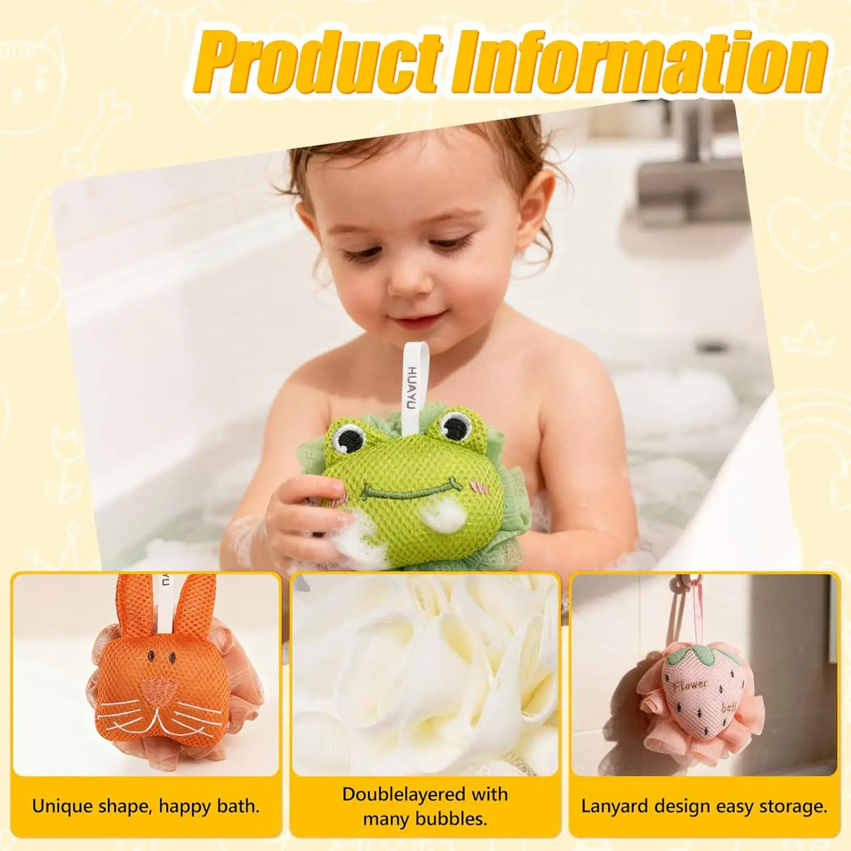 Kids Loofah, Cute Cartoon Animal Kids Bath Sponge with Hanging Rope, Soft Double Mesh for Rich Lather