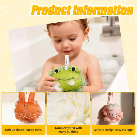 Kids Loofah, Cute Cartoon Animal Kids Bath Sponge with Hanging Rope, Soft Double Mesh for Rich Lather
