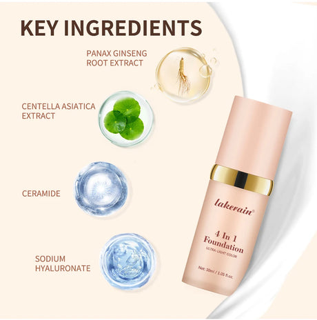 SPF30+Color Changing Foundation 4 in 1 Sun Liquid Moisture Waterproof Nourishes Coverage for All Skin Types Free Puff
