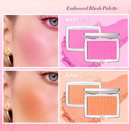 Matte Embossed Blush Palette High Pigmented Pink Coral Cheek Blush Powder With Professional Makeup Brush