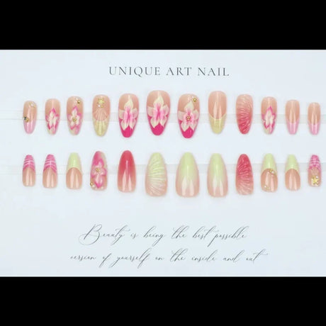 24pcs wearable false nail kit, randomly shipped; almond-shaped pearl starlight false nails; artistic flower press-on nails.