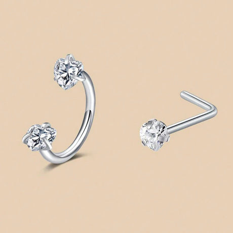6/2pcs Horseshoe Nose Rings With L-Shape Nose Stud, Stainless Steel Rianbow CZ Nose Ring,, Lip Eyebrow Helix Ear Piercing