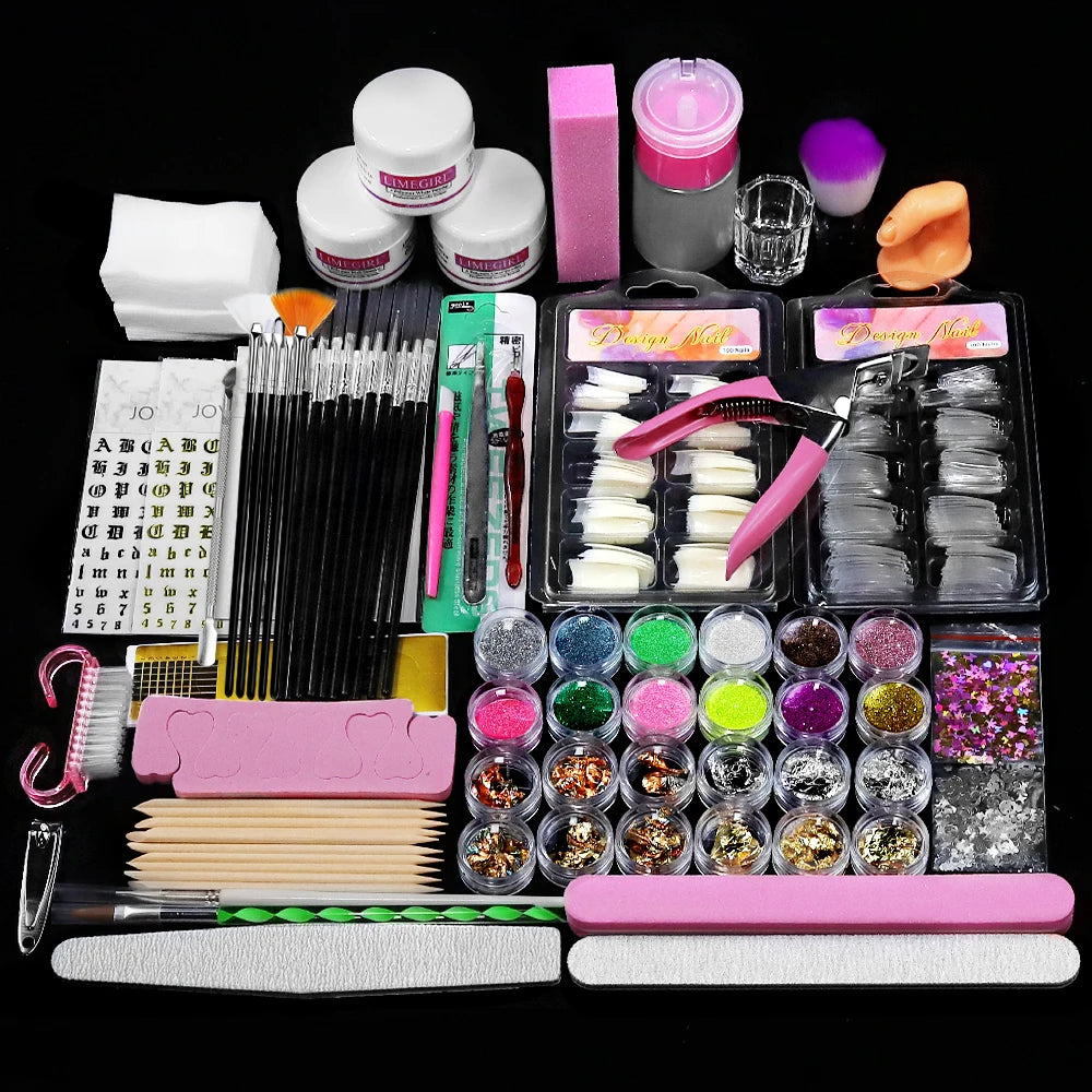 Nail Acrylic Kit 12 Color Glitter Acrylic Powder 3D Nail Art Engraving Extended Mold Crystal Powder Nail Art Tool Kit