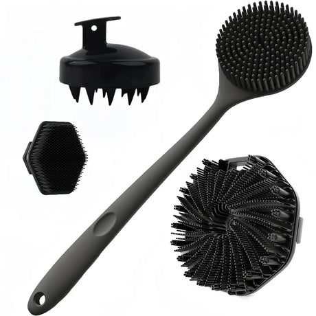 4PCS Long Handle Silicone Bath Brush Set for Body Back Face Gentle Exfoliating Massage Deep Cleaning with Non Slip Grip