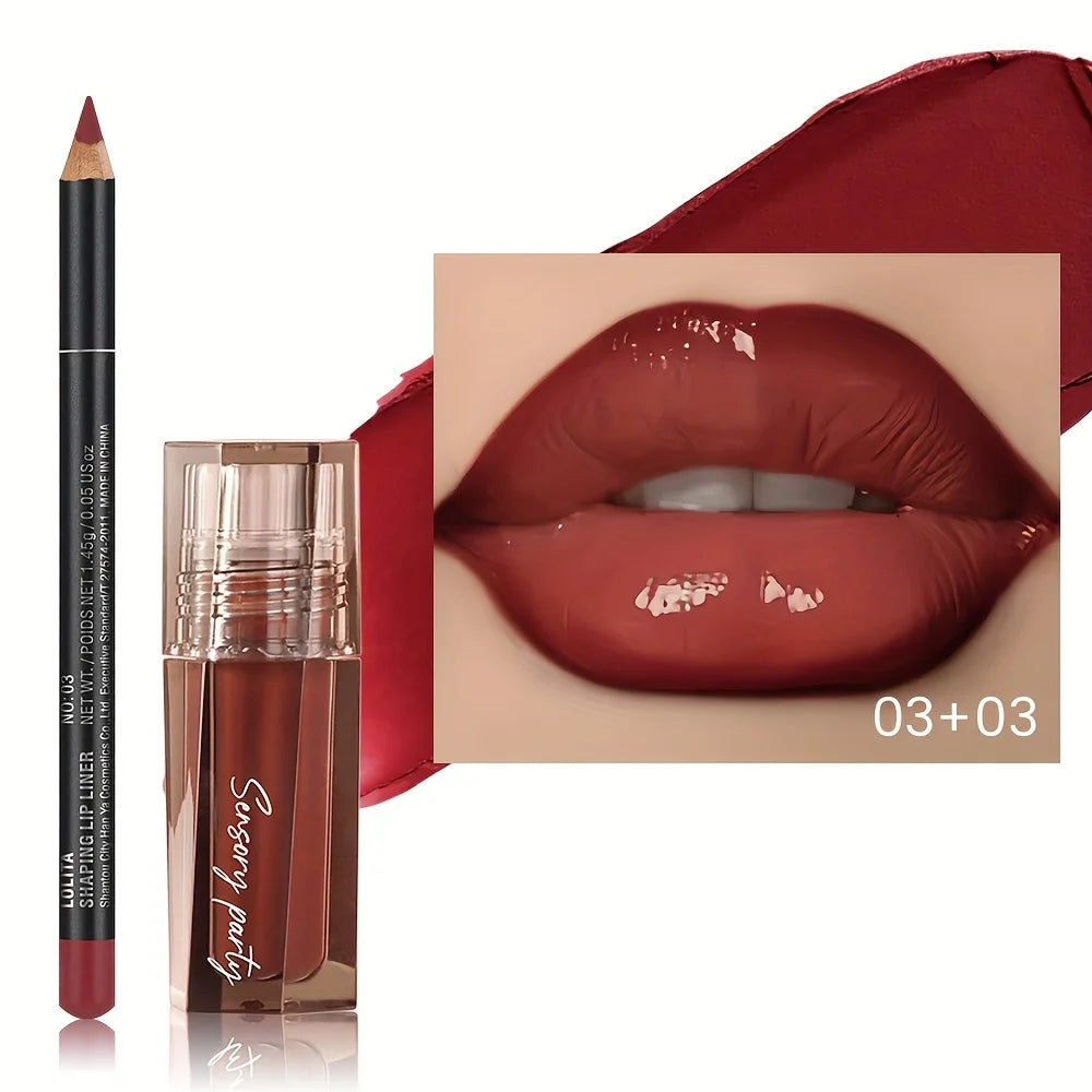 2pcs Lip Liner Pencil & Hydrating Lip Gloss Set, Glossy Finish, Smooth Define Lips, Non-Sticky Long Lasting, Daily Makeup
