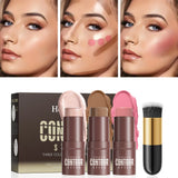 4-Piece Contour Stick Set with Highlighter, Blush & Bronzer Plus Golden Powder Brush - Waterproof Cream for All Tones, Shimmery.