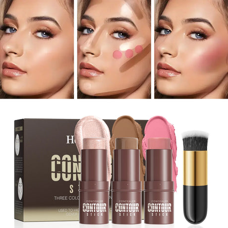 4-Piece Contour Stick Set with Highlighter, Blush & Bronzer Plus Golden Powder Brush - Waterproof Cream for All Tones, Shimmery.
