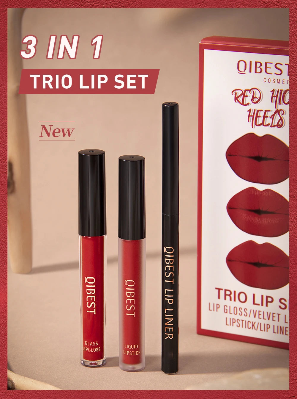 QIBEST 3pcs/set Liquid Lipstick+Lip Liner Lasting Black Brown Purple Red Matte Lip Gloss Nude Lip Stain Tint Makeup Lip Pencil