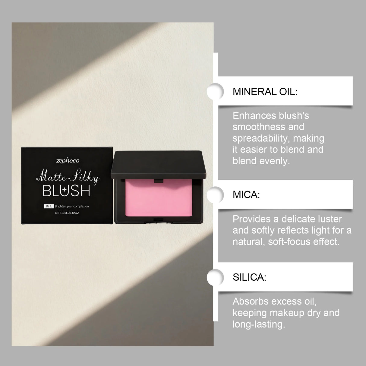 Multicolor matte silky blush, adheres well, long-lasting, easy to blend, gives a youthful, lightweight feel, perfect for everyda