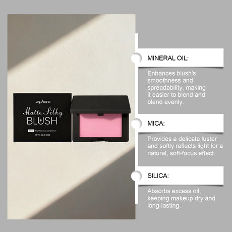 Multicolor matte silky blush, adheres well, long-lasting, easy to blend, gives a youthful, lightweight feel, perfect for everyda