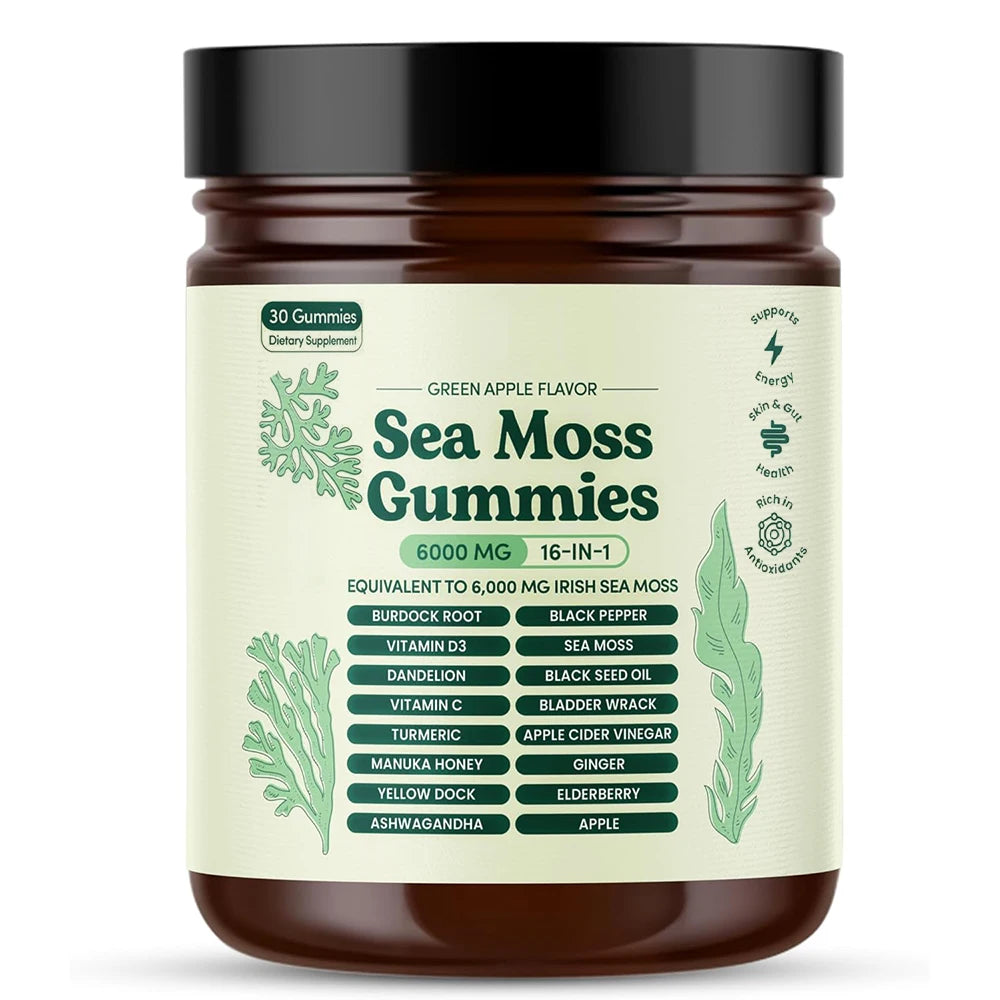 Sea Moss Gummies 16-in-1 Ashwagandha Black Seed Oil Bladder Wrack Turmeric Vitamin C D3 with Manuka Burdock Root Dandelion Apple