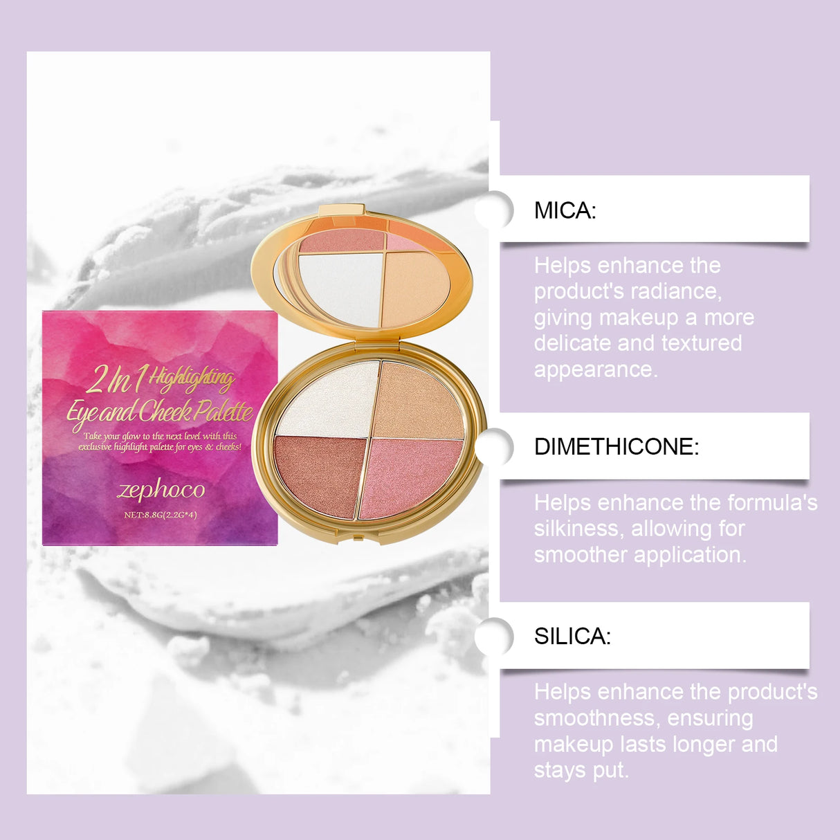 Zephoco 2-in-1 Highlighting Eye & Cheek Palette -Soft Shimmery Tones,Blendable Formula,All-in-One for Glowing Eye & Cheek Makeup