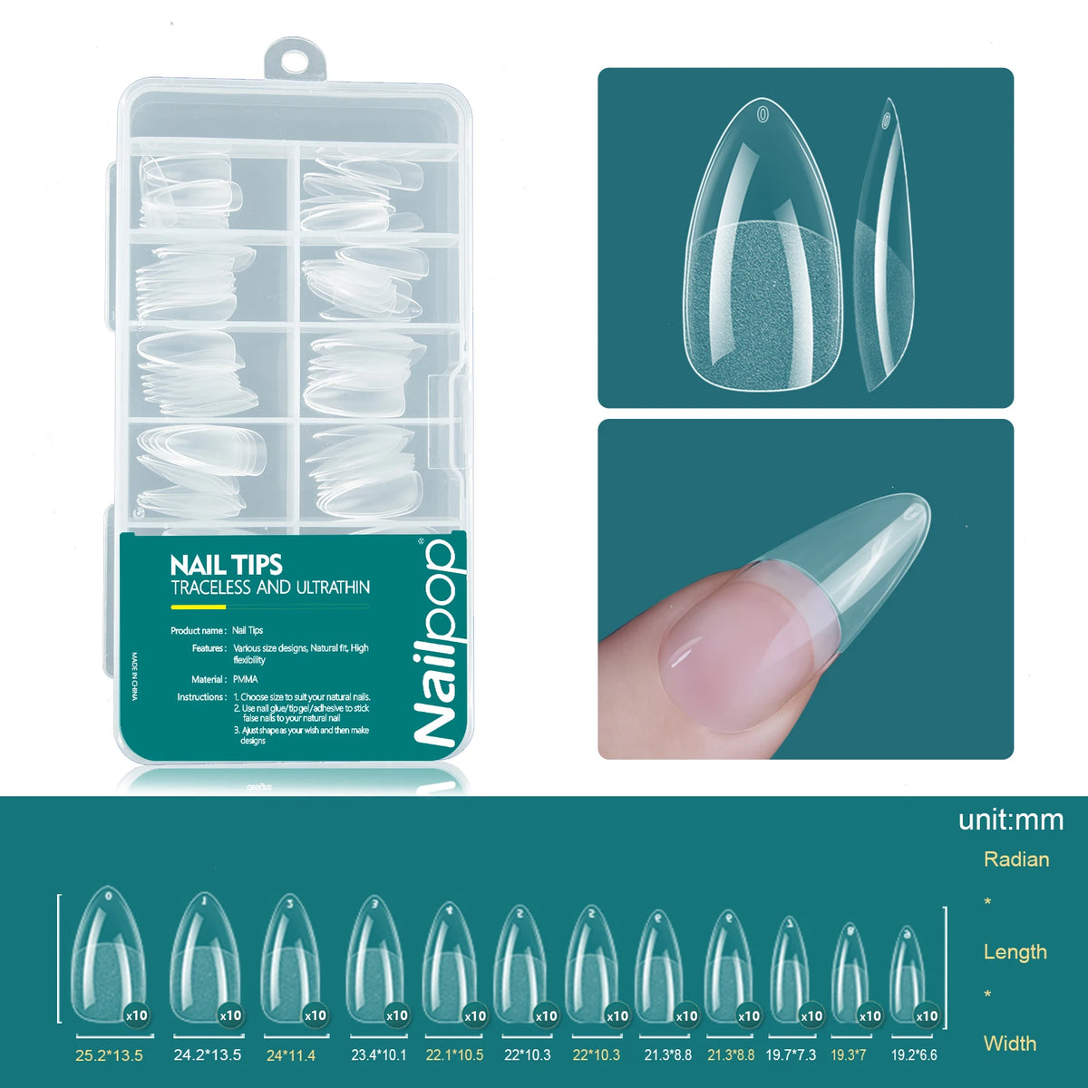 Nailpop 120pcs/box Gel X Nail Tips Medium Short Shape Almond/Square/Soft Gel Nail Tips False Nails Soak Off Easy Nail Extensions