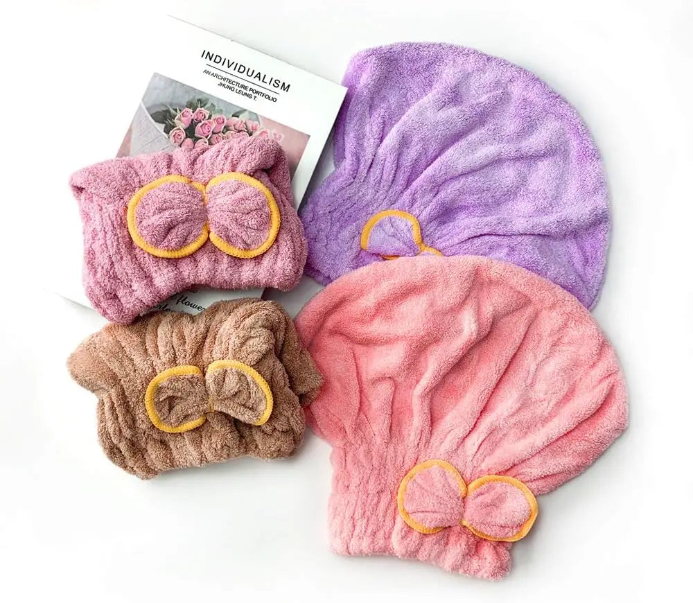 Women's 2-Piece Shiny Light Microfiber Hair Towel Caps, Super Absorbent Towel, Extra Soft, Fast Drying Plain Turban Wraps, 1-Size-Fits-All, Nighttime Wet Hair Use