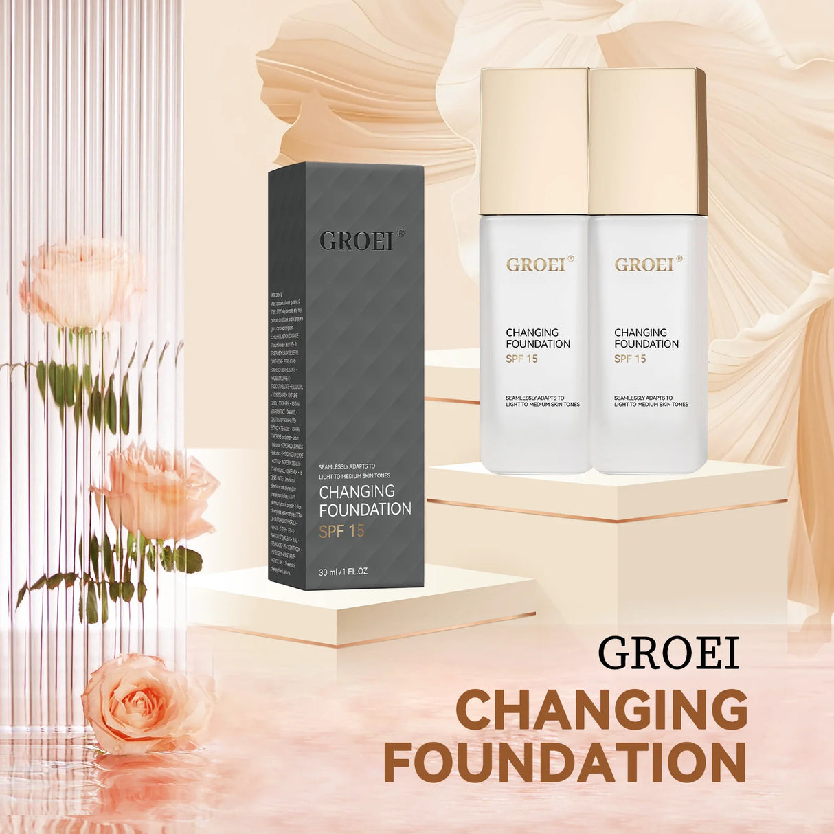 GROEI Changing Foundation SPF 15 - 30ml Adaptive Color Makeup, Auto-Match Your Skin Tone, Lightweight Cover Blemishes & Redness