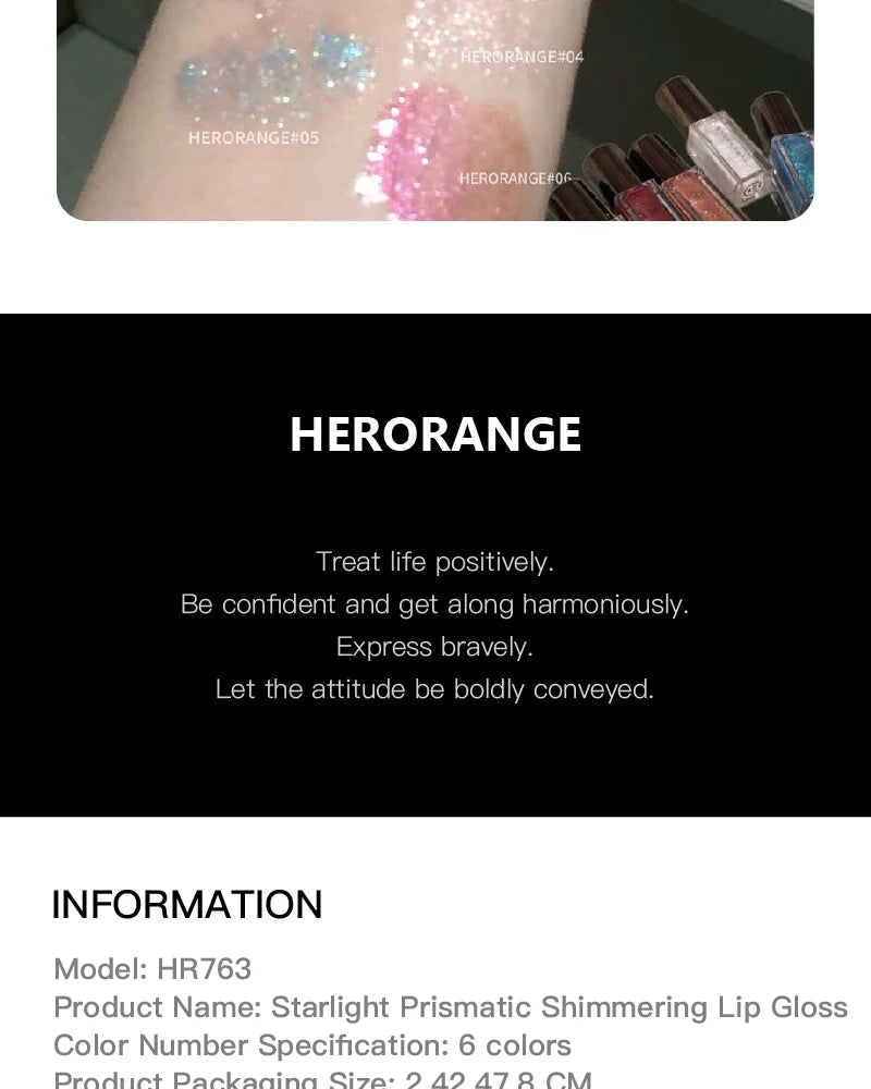 HERORANGE Glittering Mirror Lip Glaze, Watery Shimmering Light Lip Gloss Makeup 6 Colors, Hydrating Moisturizing, Long Lasting