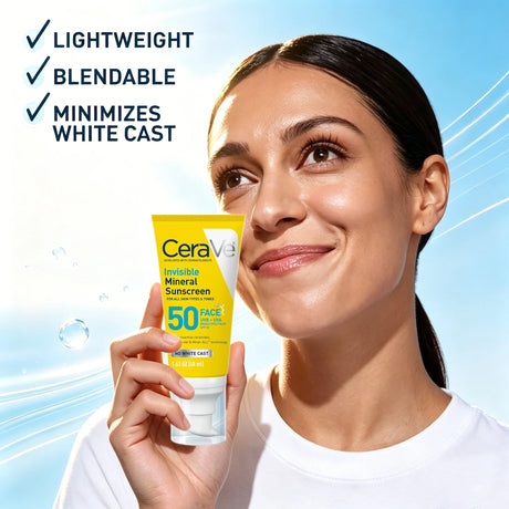 CeraVe Invisible Mineral Sunscreen SPF 50, Face for Sensitive Skin, Niacinamide, Ceramides, Vitamin E, Oil Free, 1.62 oz